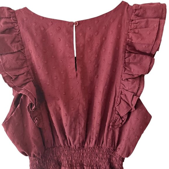 BB Dakota Burgundy Textured Ruffle Sleeve Dress W/ Smocked Waist & Keyhole Med - Picture 6 of 7